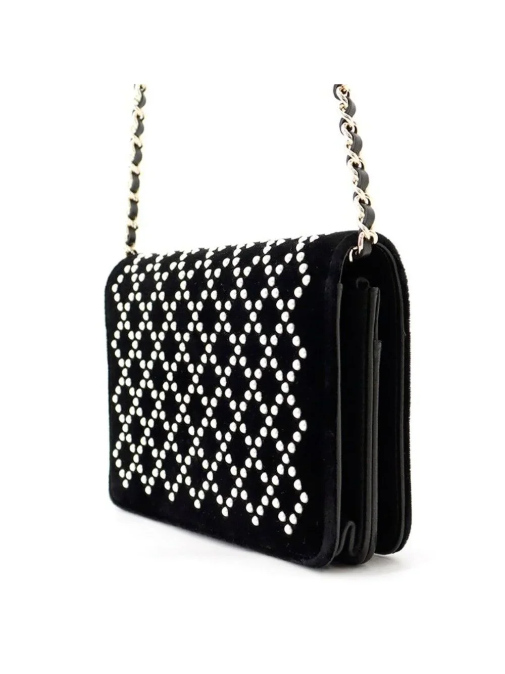 Chanel Chain Wallet CC Logo Faux Pearl Velour Black Shoulder Bag